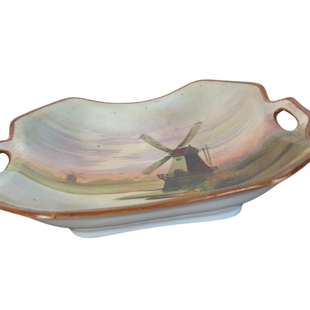 Antique Nippon Hand Painted Windmill Scenic Tray Handled Dish - Picture 9 of 12